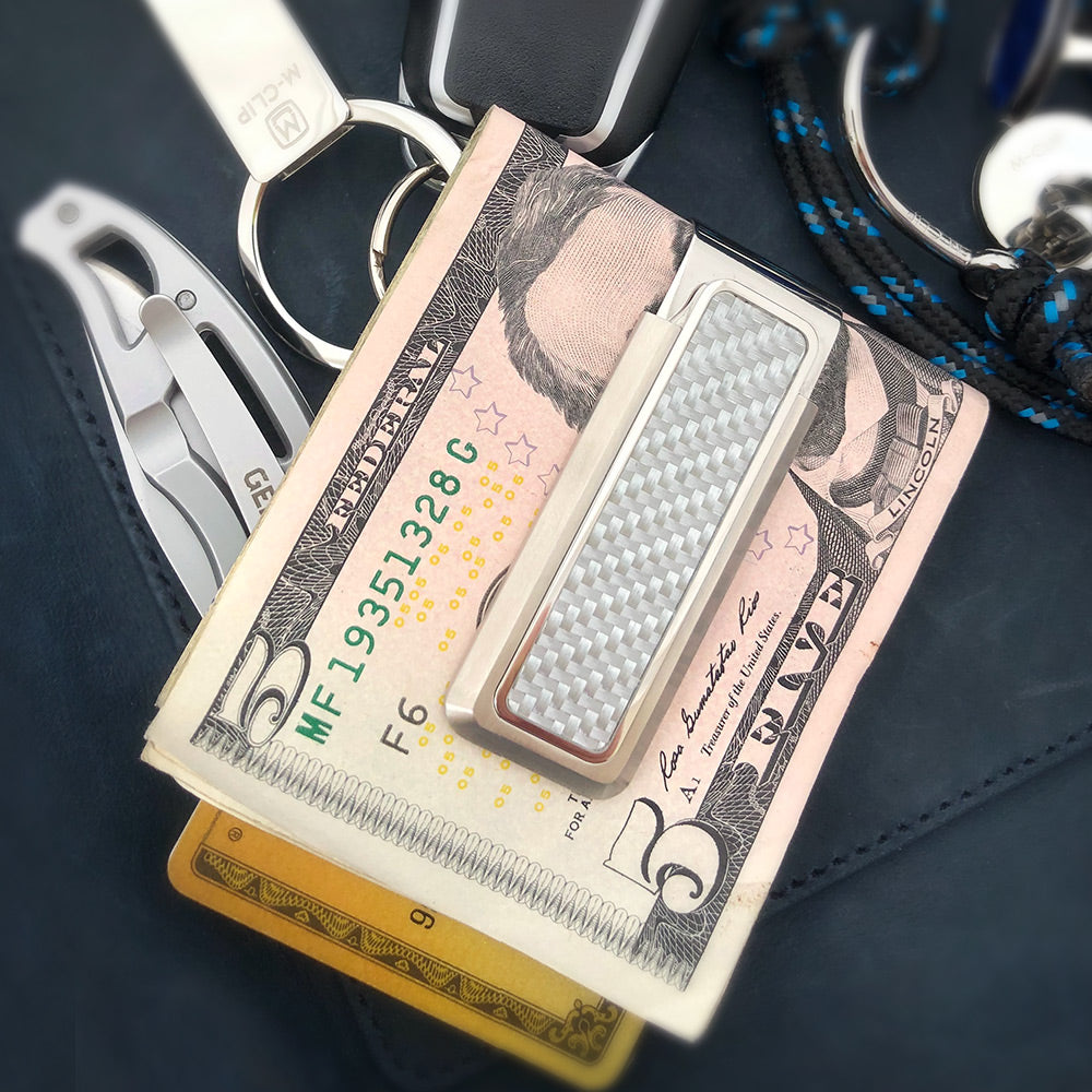 White carbon fiber money clip close-up view