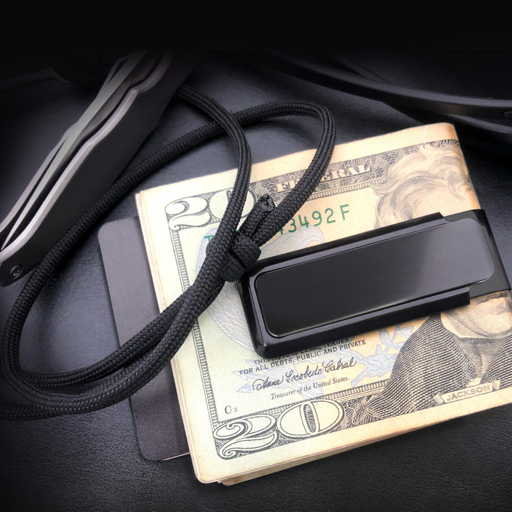 Blackout aluminum money clip flat lay view