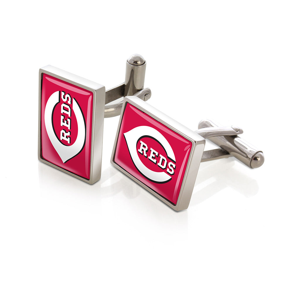 Cincinnati Reds logo cufflinks, polished steel with urethane coating