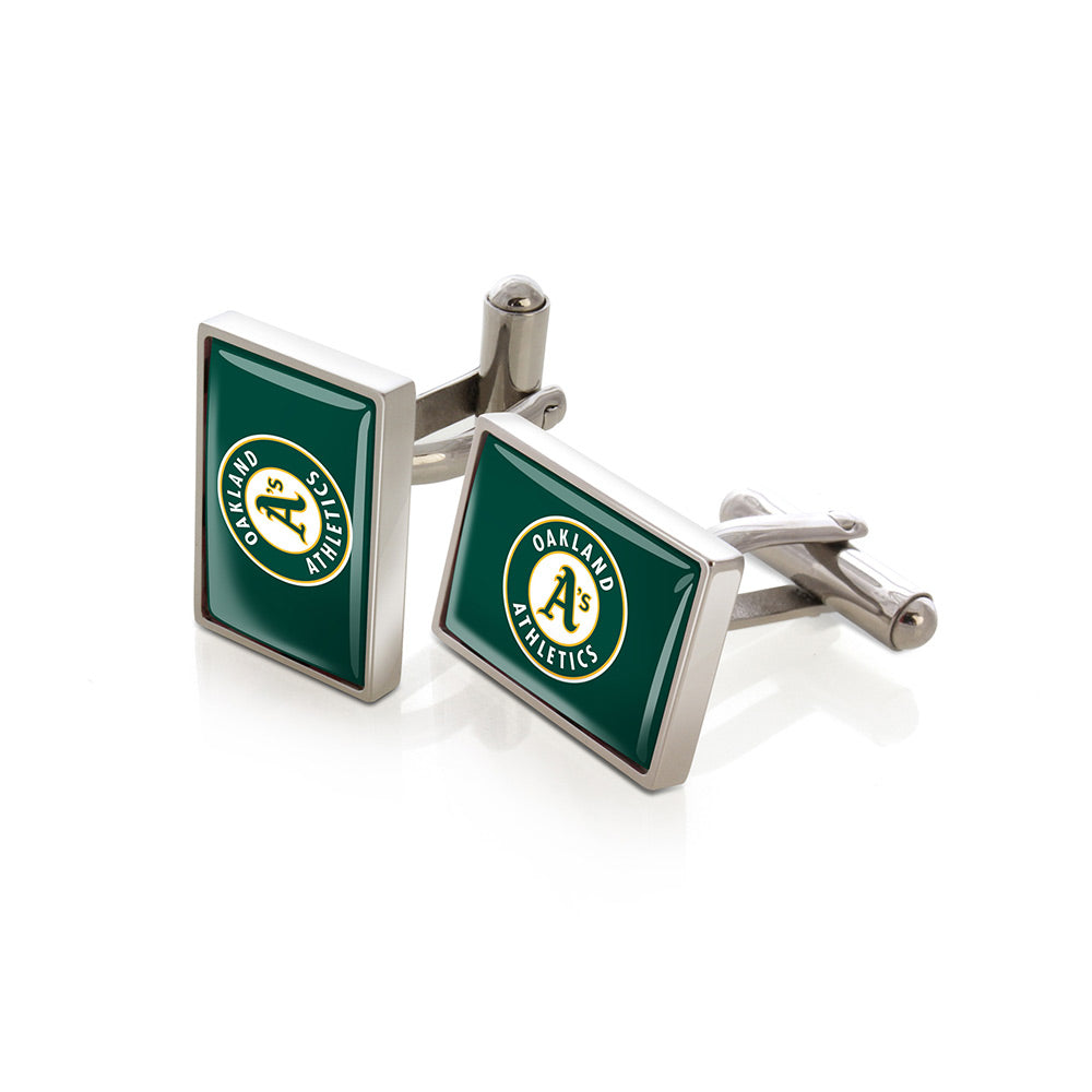 Oakland Athletics logo cufflinks, polished steel with urethane coating