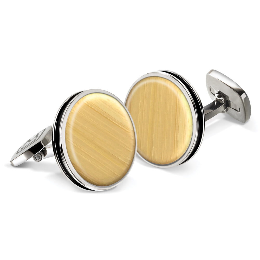 Bordered round cufflinks with bamboo wood inlay