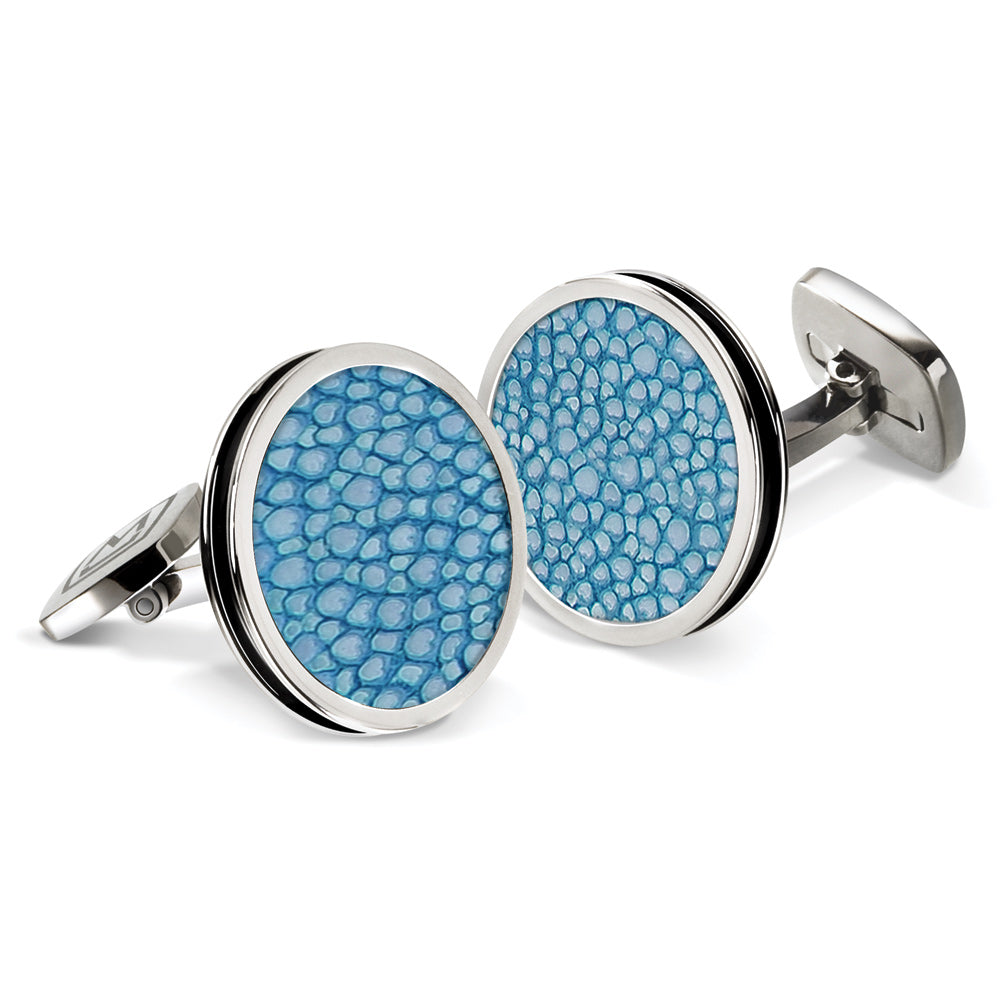 Bordered round cufflinks in bayside blue stingray skin