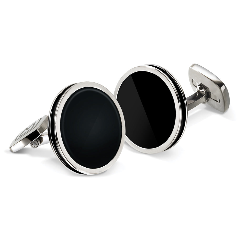 Bordered round cufflinks in solid black enamel