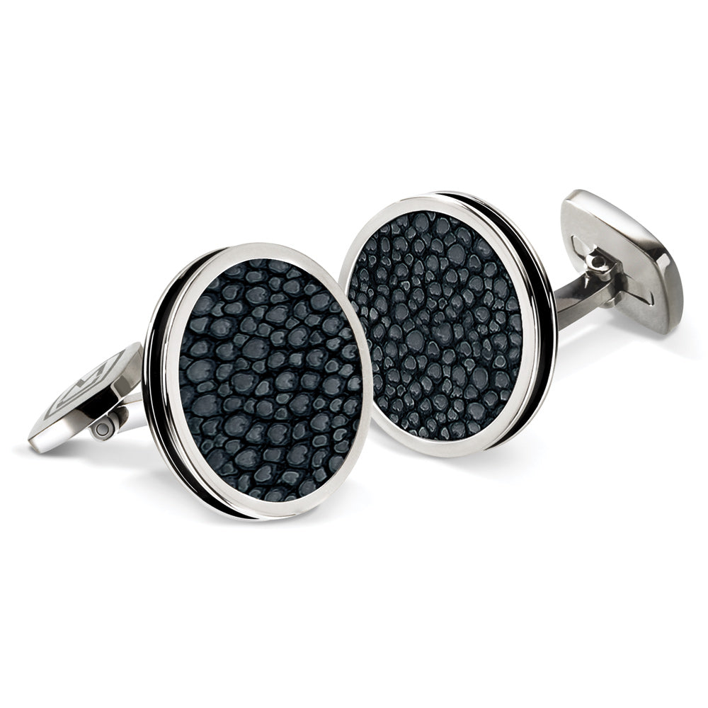 Bordered round cufflinks in black stingray skin