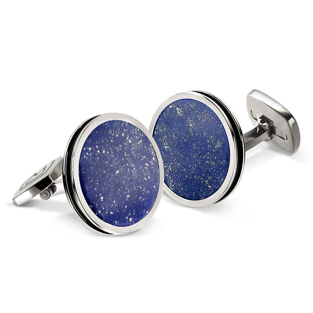 Bordered round cufflinks with lapis inlay and black enamel border