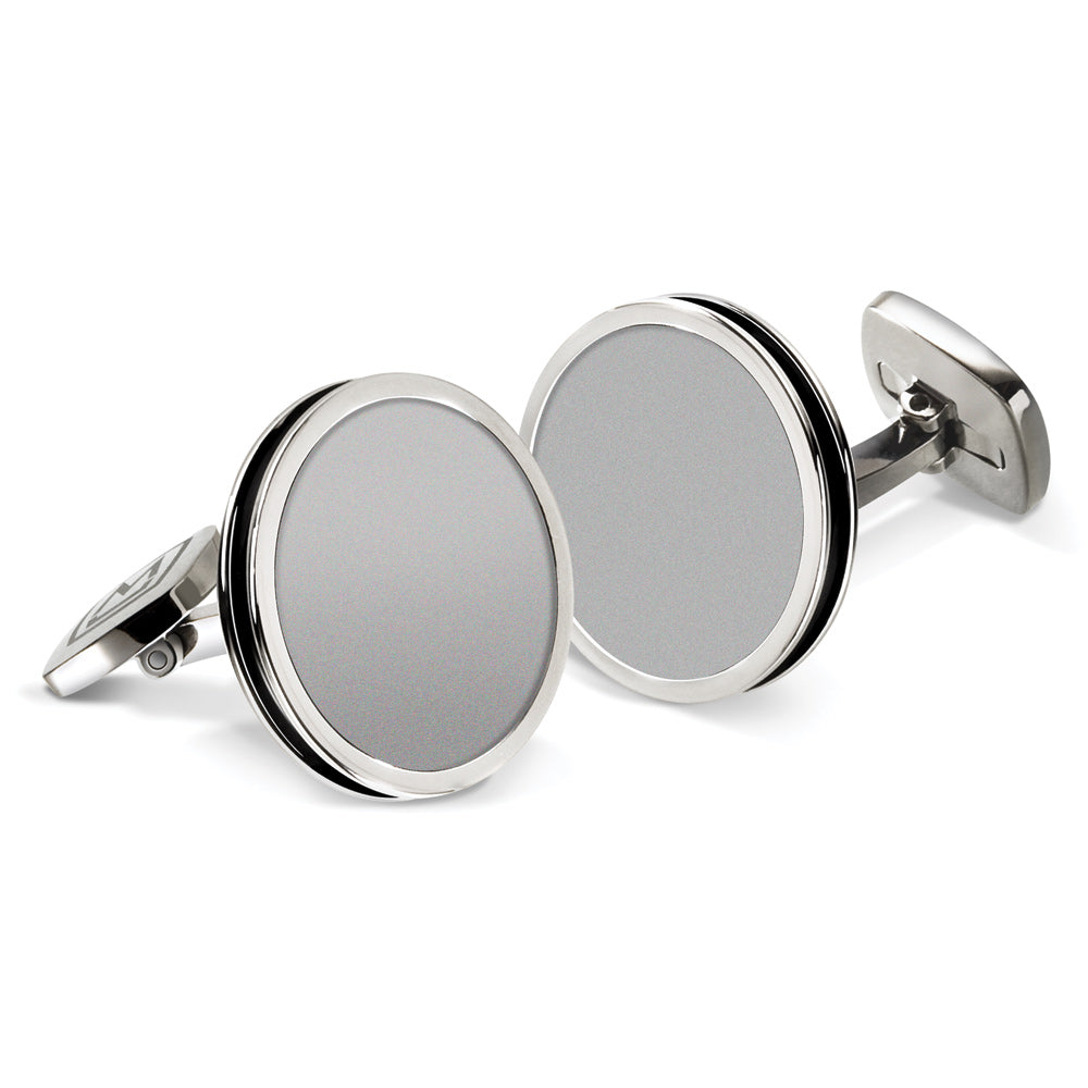 Bordered round cufflinks in brushed stainless with polished border