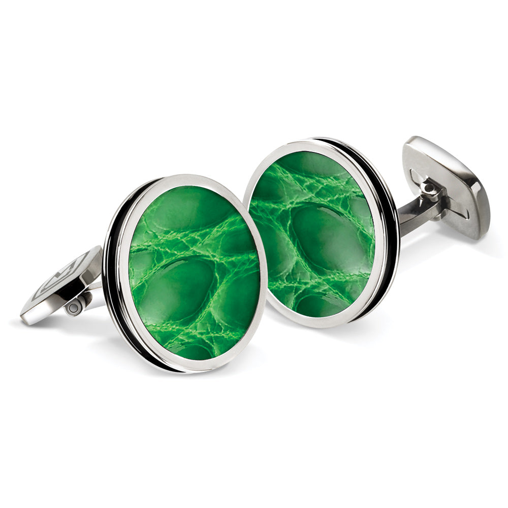 Dark Green Alligator Bordered Round Cufflinks