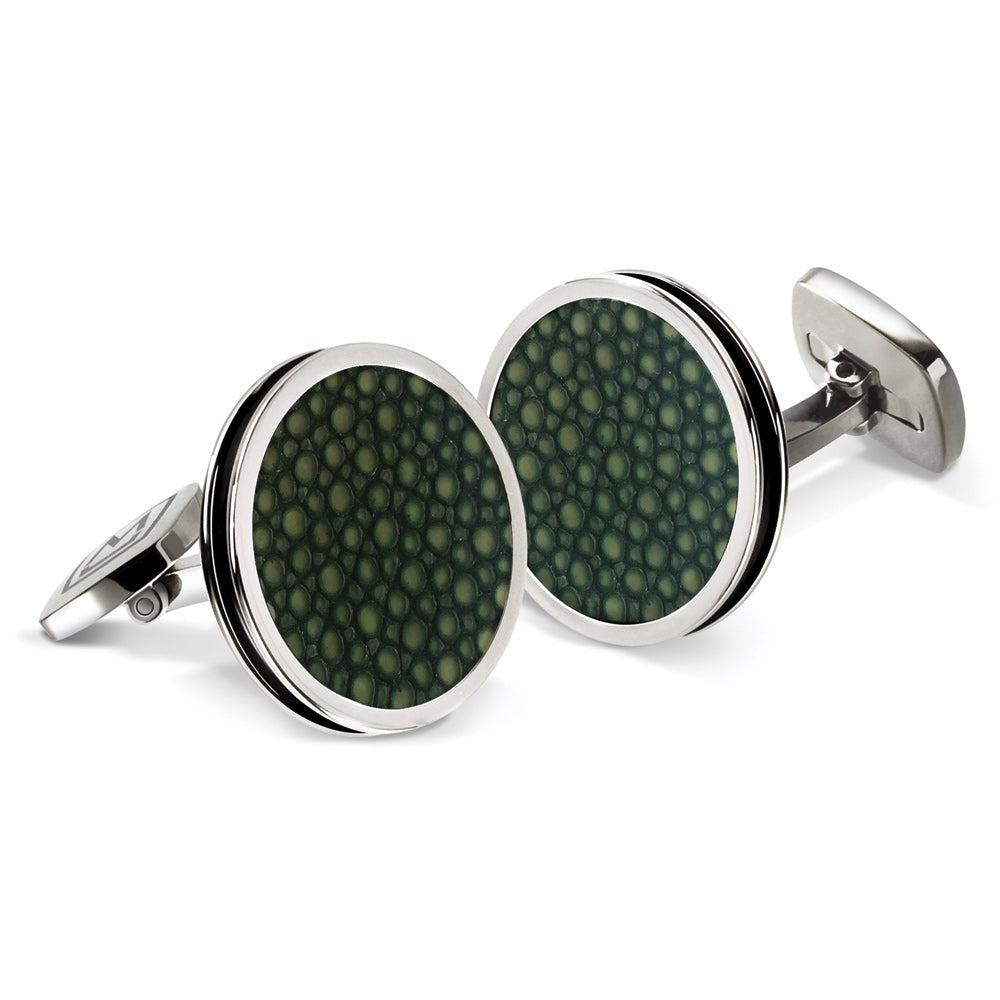Bordered round cufflinks in dark green stingray skin