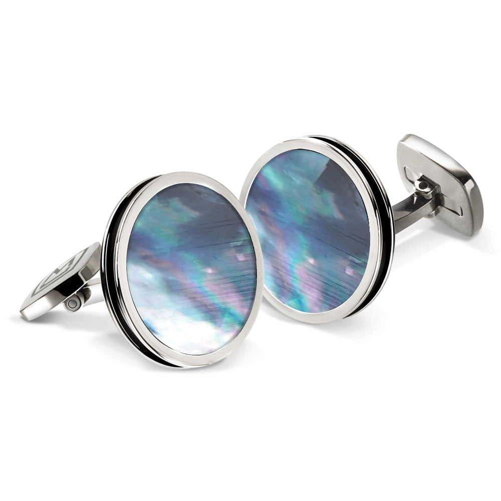 Gray Mother of Pearl Bordered Round Cufflinks