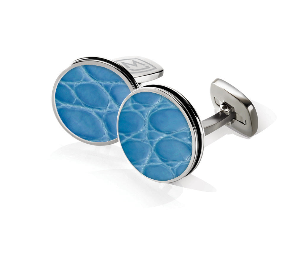 Bordered round cufflinks in light blue alligator skin