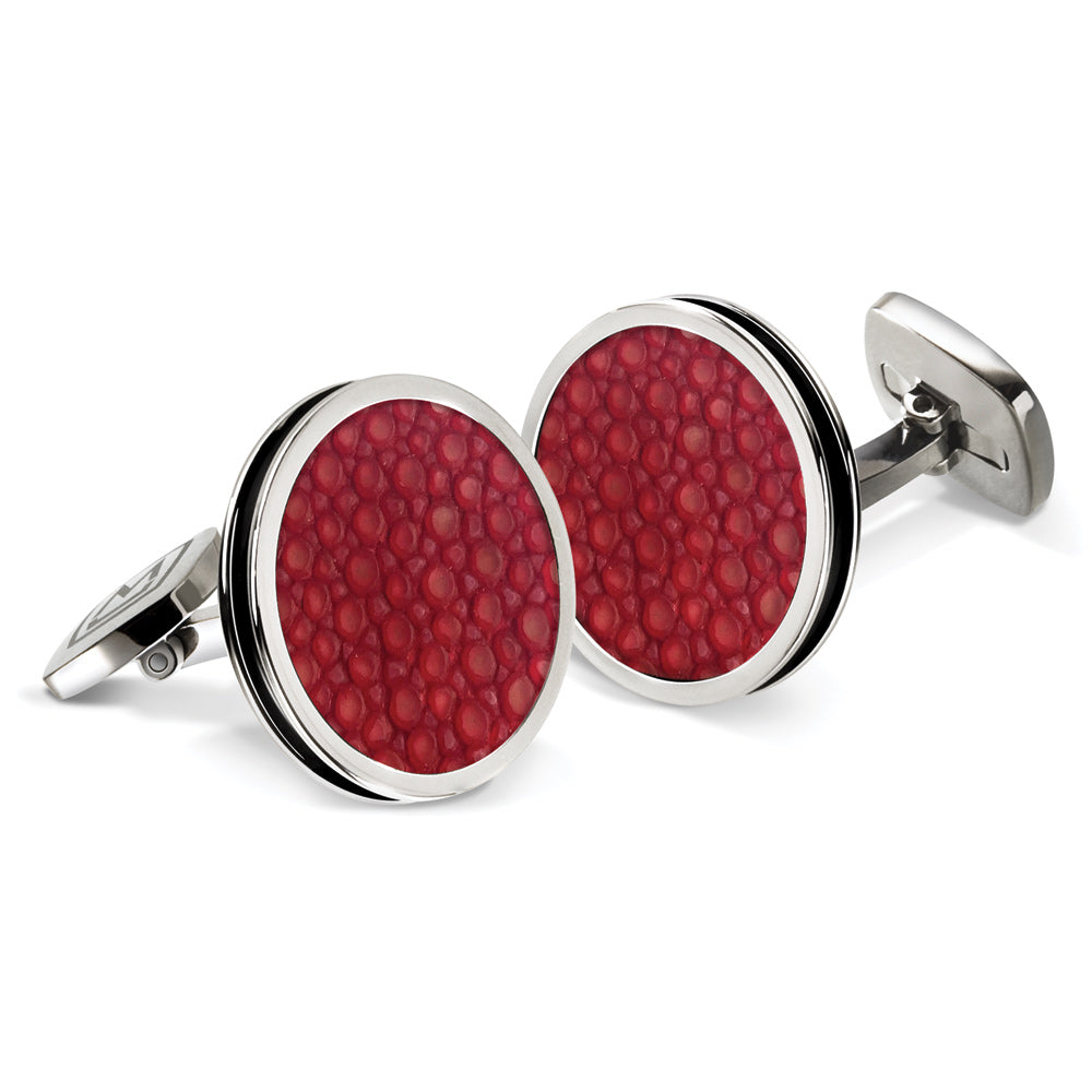 Bordered round cufflinks in red stingray skin
