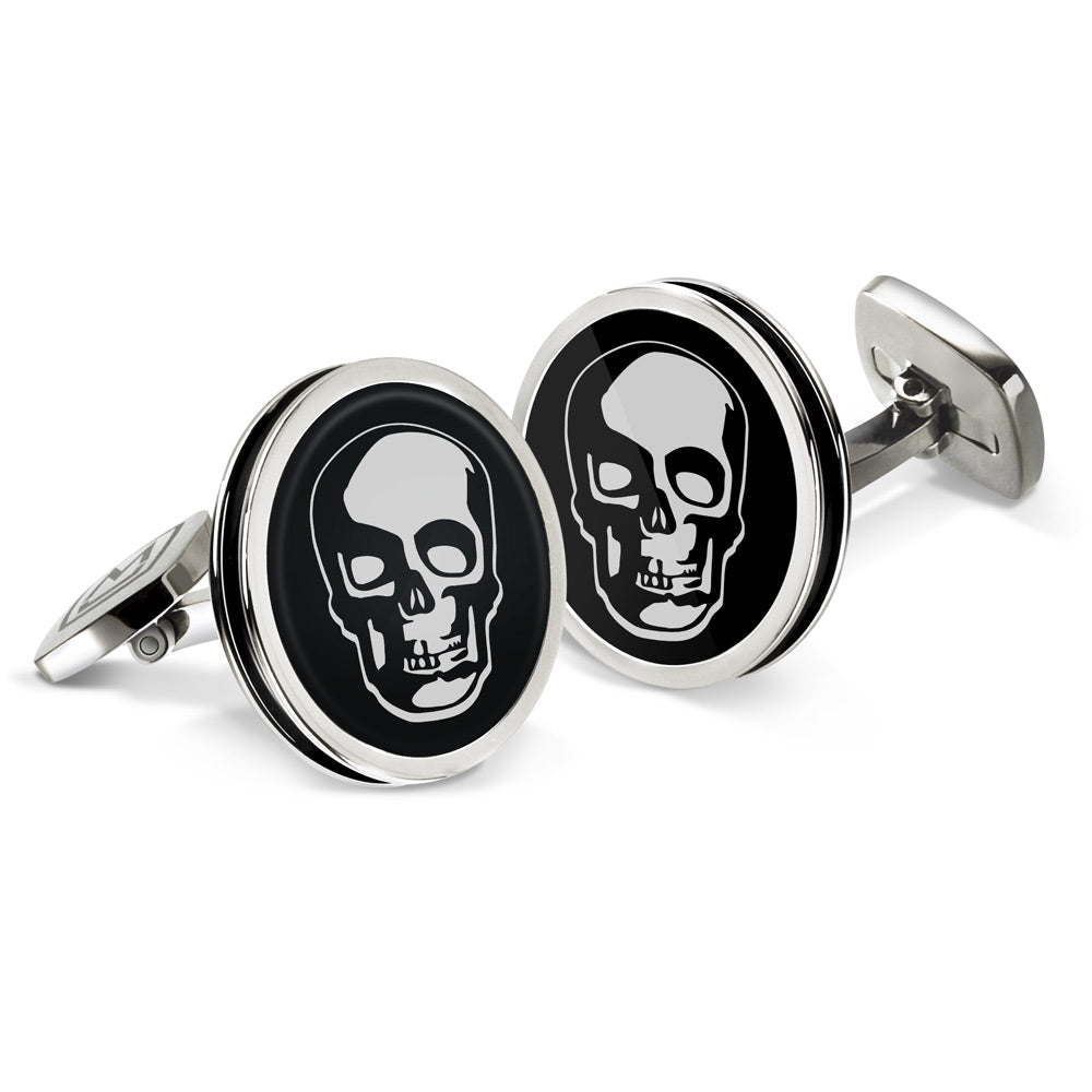 Black enamel cufflinks with laser-engraved skull design