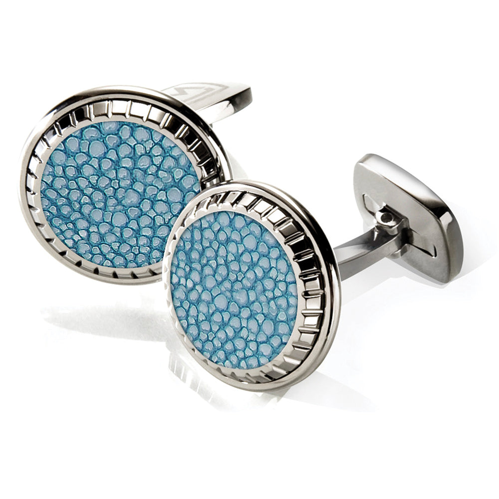 Carved round cufflinks in bayside blue stingray skin