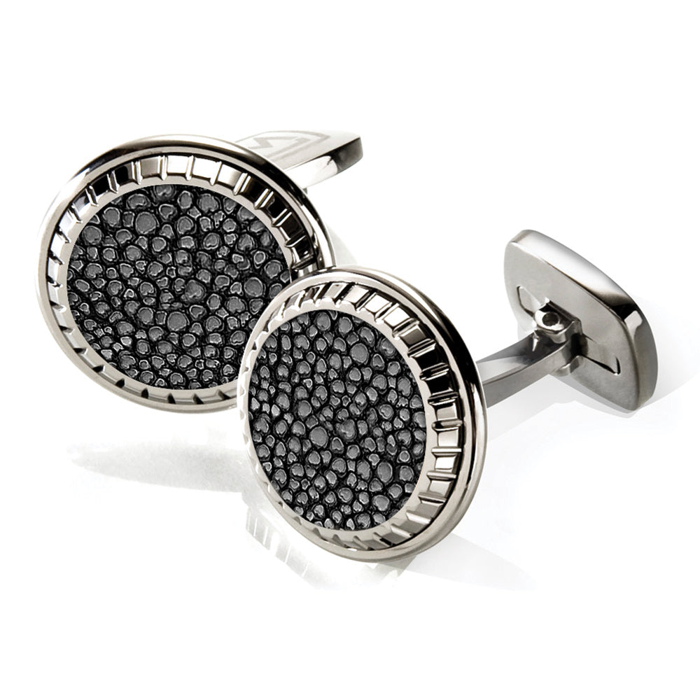 Carved round cufflinks in black stingray skin