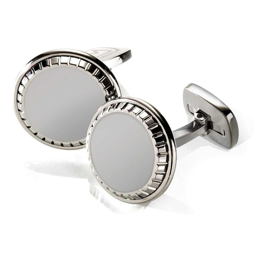 Carved round cufflinks in brushed stainless with polished border