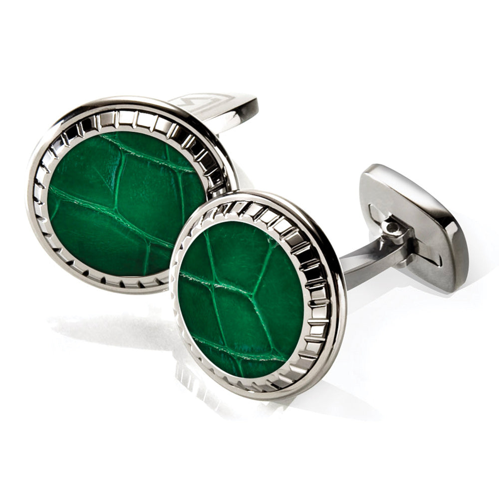 Carved cufflinks in dark green alligator skin