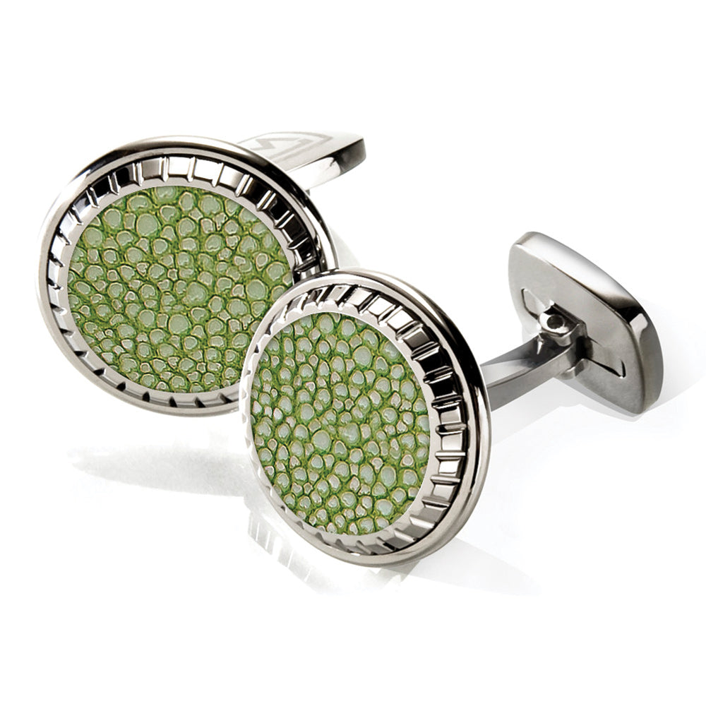 Carved round cufflinks in dark green stingray skin