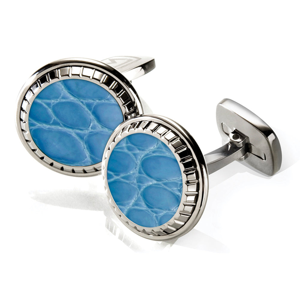 Carved cufflinks in light blue alligator skin