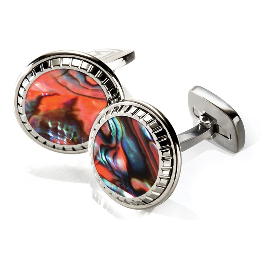 Carved round cufflinks in orange abalone shell