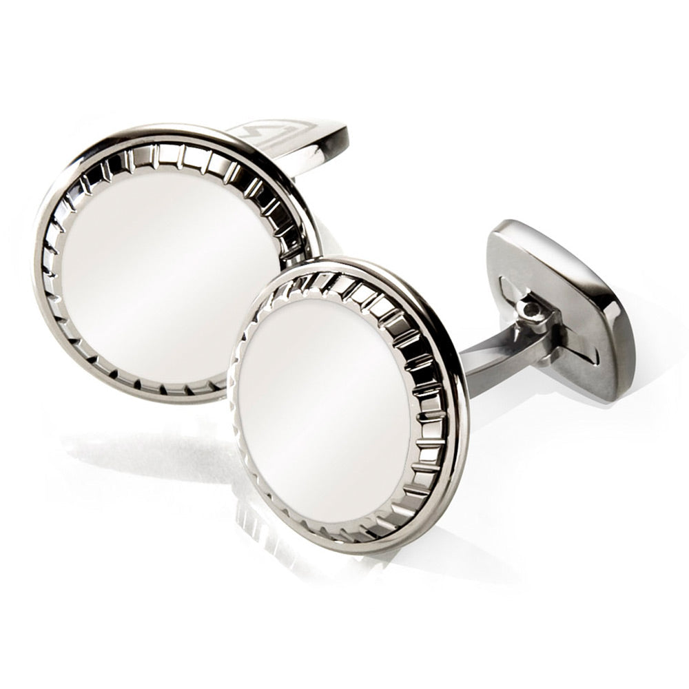 Carved round cufflinks in polished stainless steel