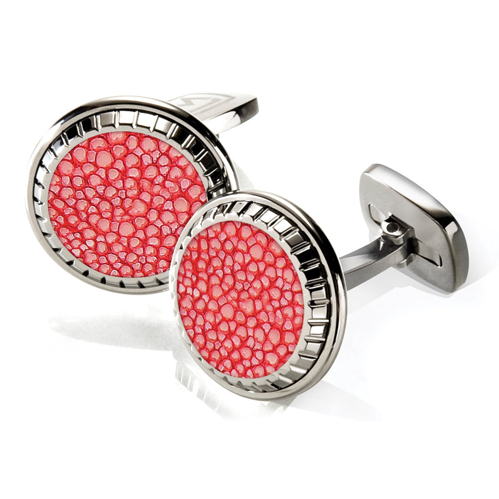 Carved round cufflinks in red stingray skin