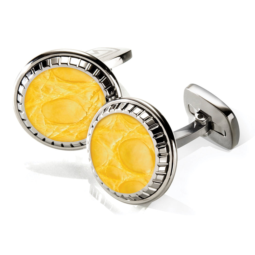 Carved cufflinks in yellow alligator skin