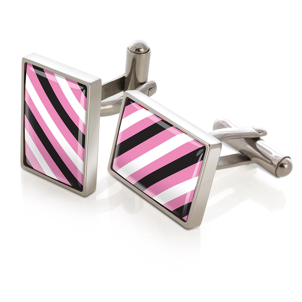 Cufflinks in pink, black, and white rep tie pattern