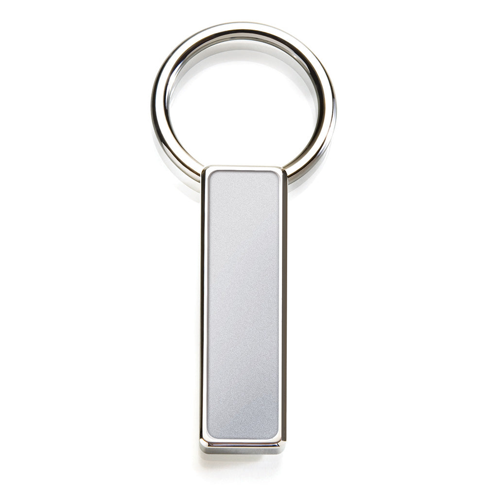 Brushed rhodium keychain with easy-open clasp, front view