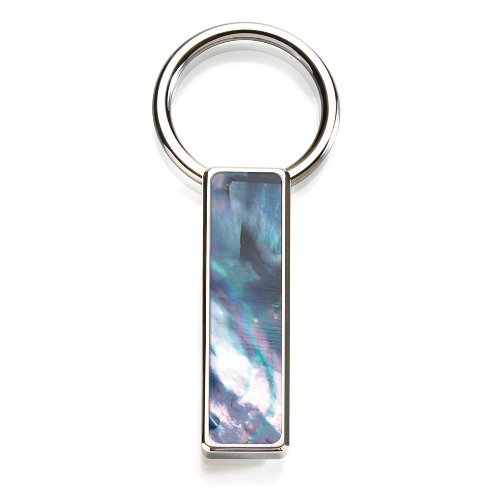 Gray mother of pearl keychain with easy-open clasp, front view
