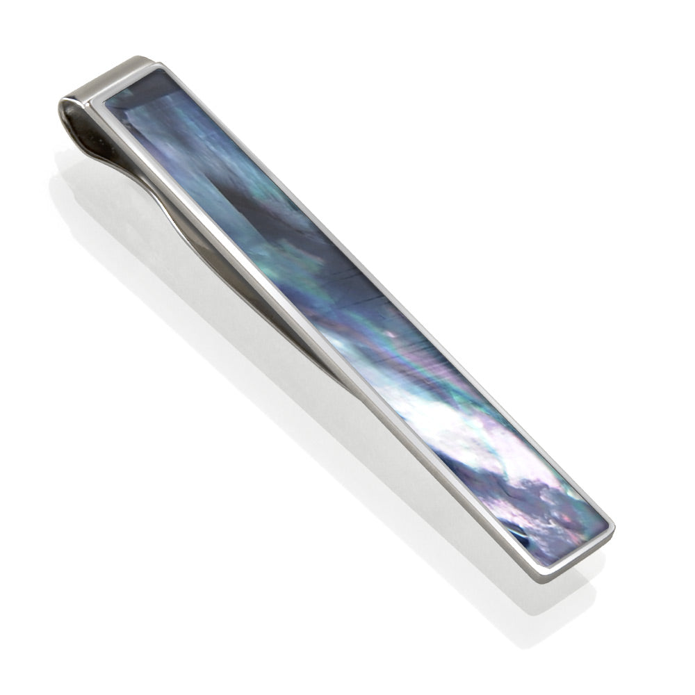 Polished steel tie clip with gray mother of pearl shell inlay