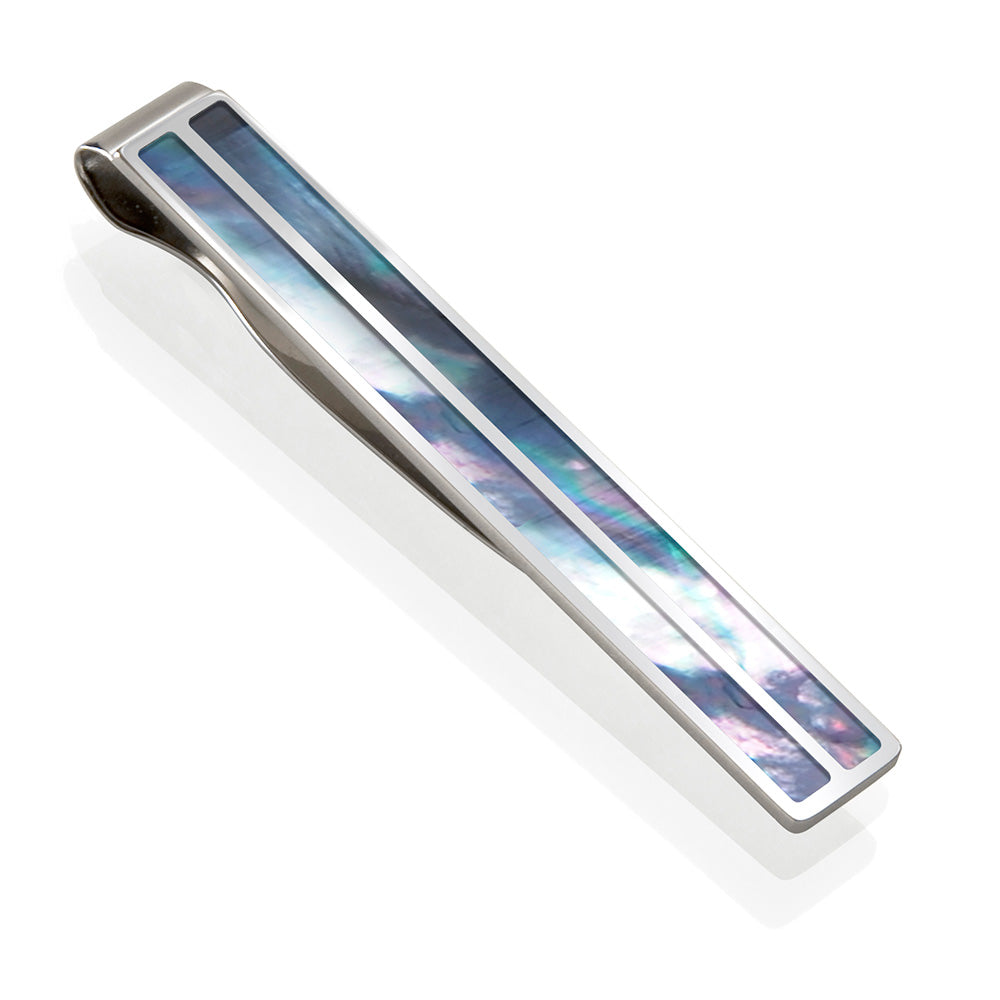 Tie clip in gray mother of pearl shell with matte steel bar