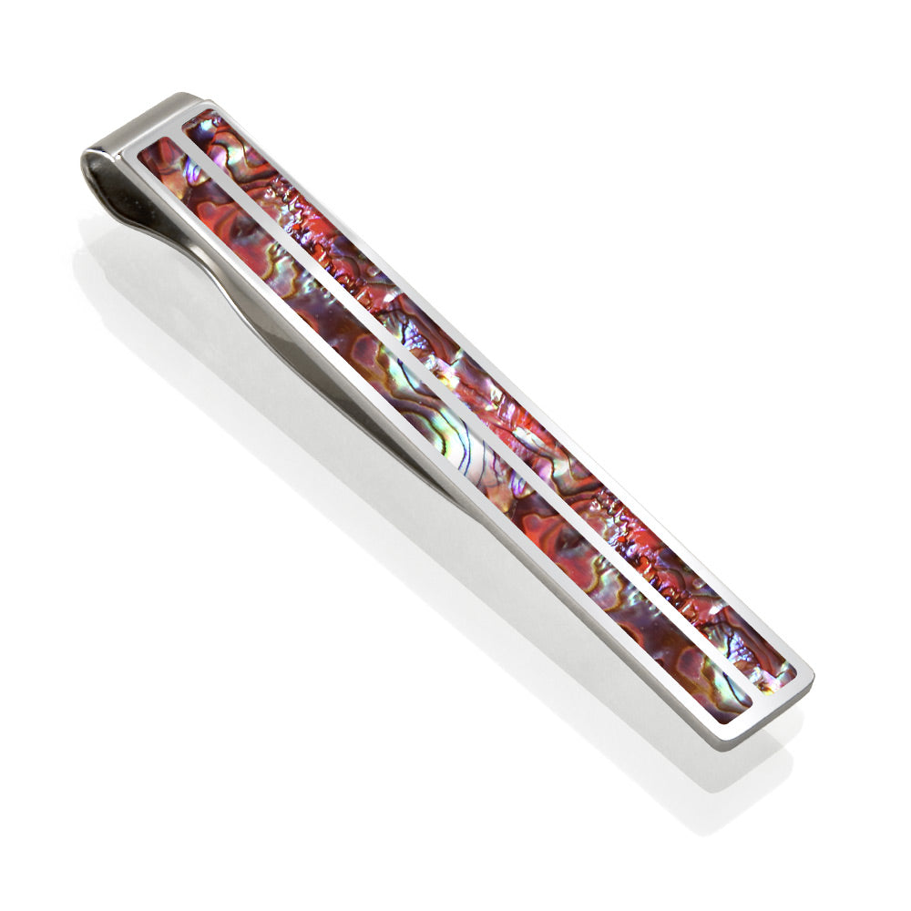Tie clip in orange abalone shell with matte steel bar