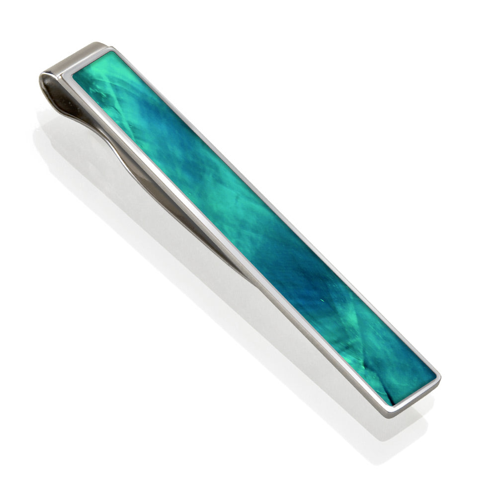 Polished steel tie clip with teal angel wing shell inlay
