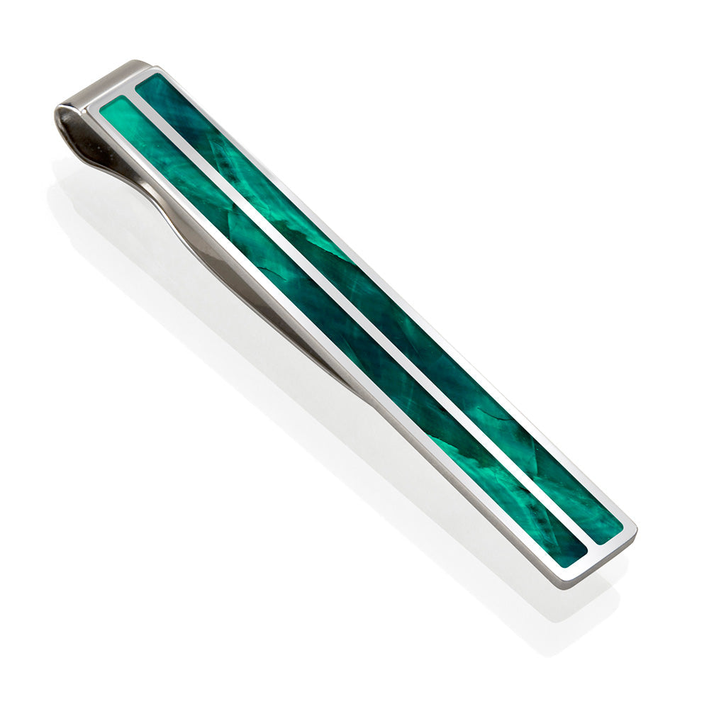 Tie clip in teal angel wing shell with matte steel bar