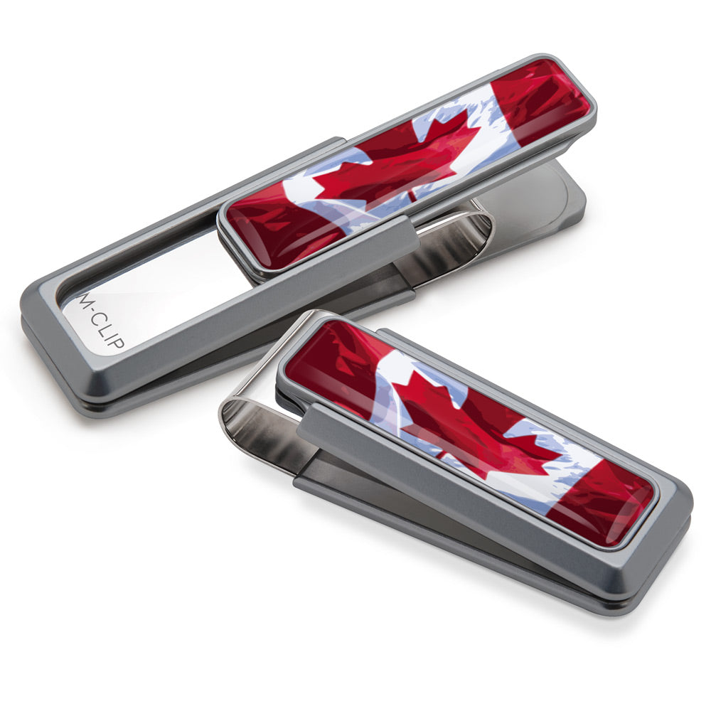 Natural aluminum money clip with Canadian flag inlay, a patriotic wallet alternative