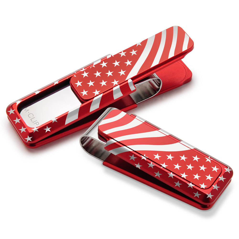 Red anodized money clip with laser-engraved American flag, a patriotic wallet alternative