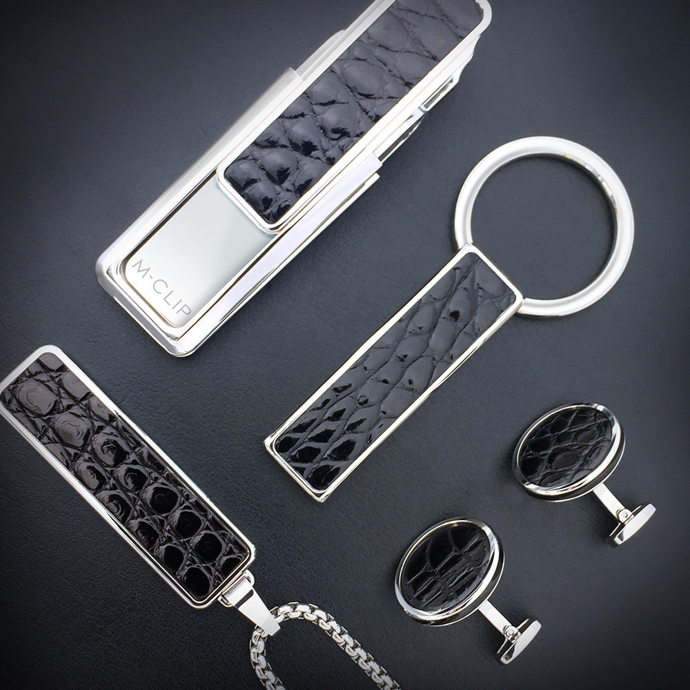 Black alligator money clip group shot with cash and cards