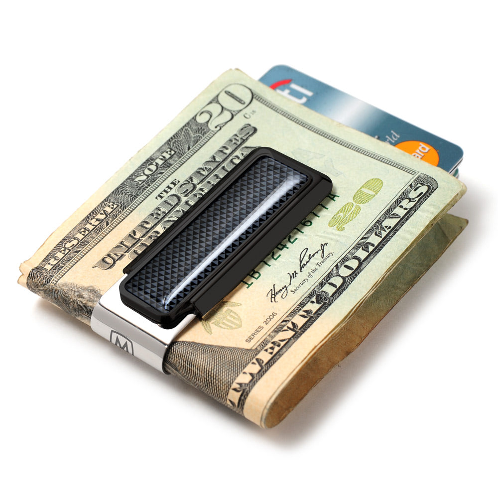 Stipple pattern money clip holding cash and cards