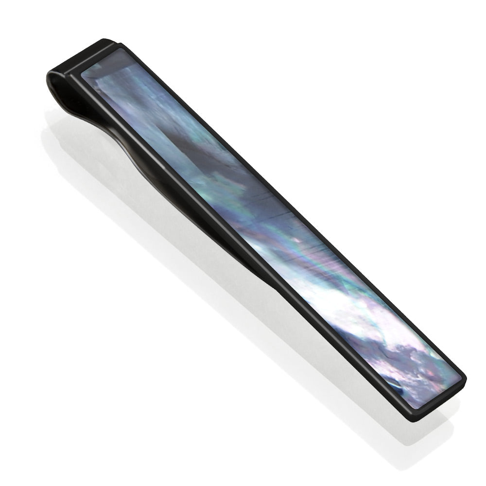 Black-plated tie clip with gray mother of pearl shell inlay