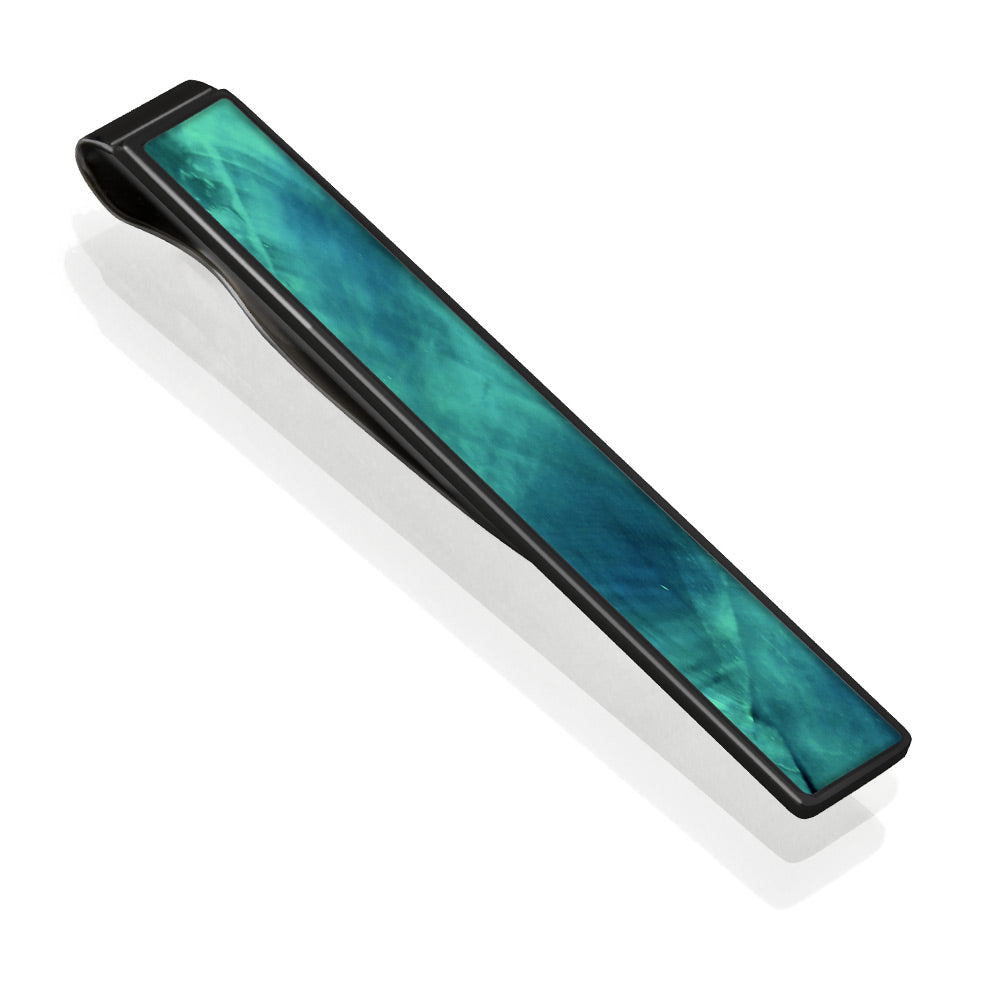 Black-plated tie clip with teal angel wing shell inlay