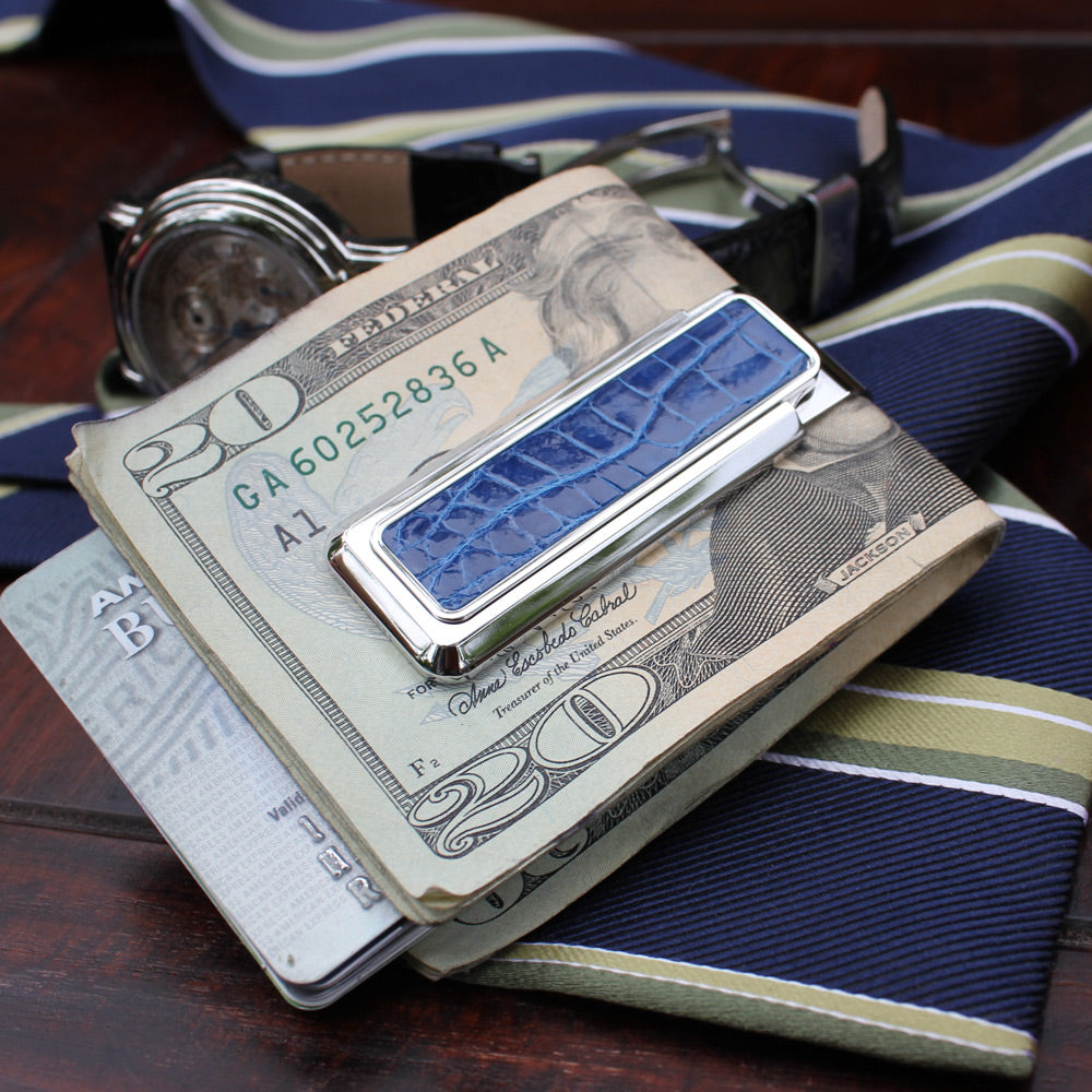 Dark blue alligator skin money clip texture detail