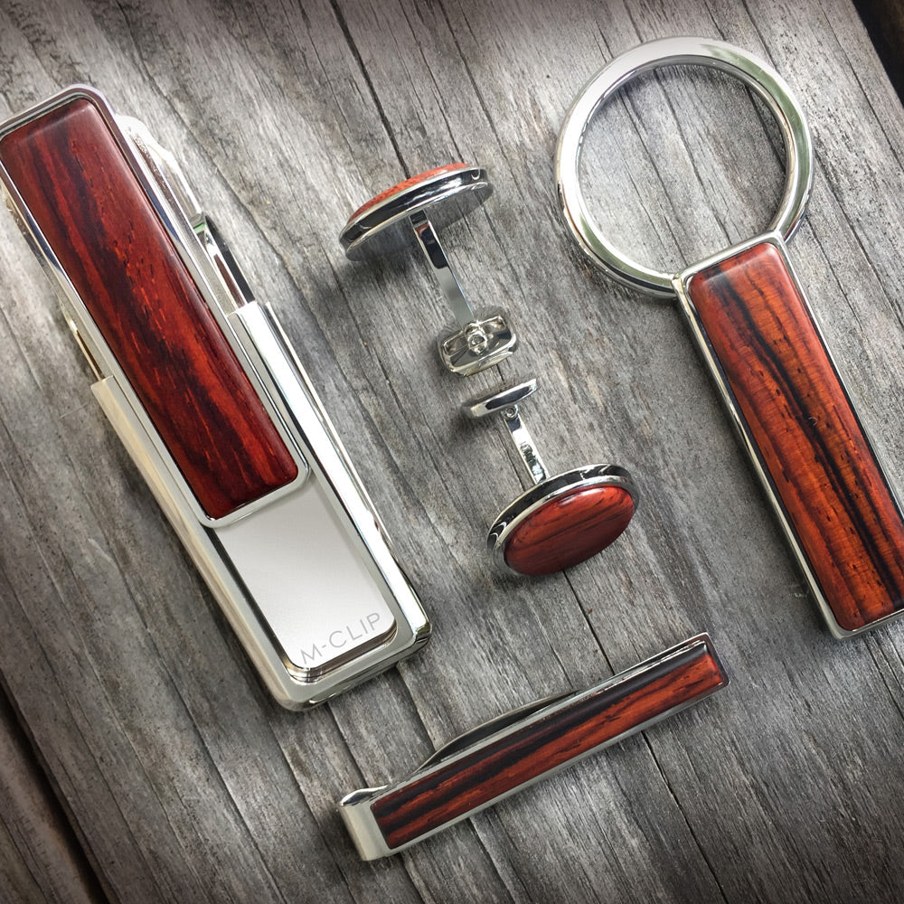 Cocobolo wood money clip group shot with cash and cards