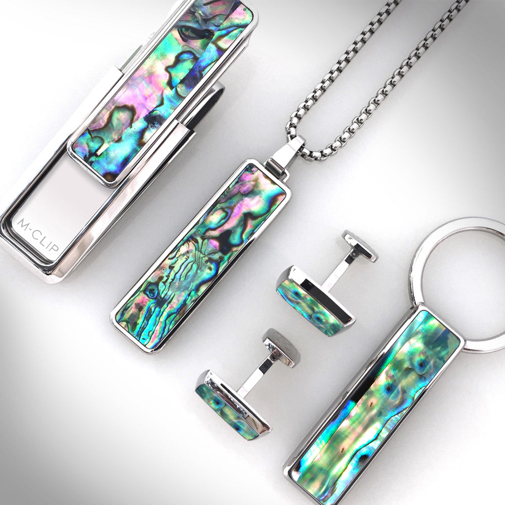 Green abalone tie clip group shot