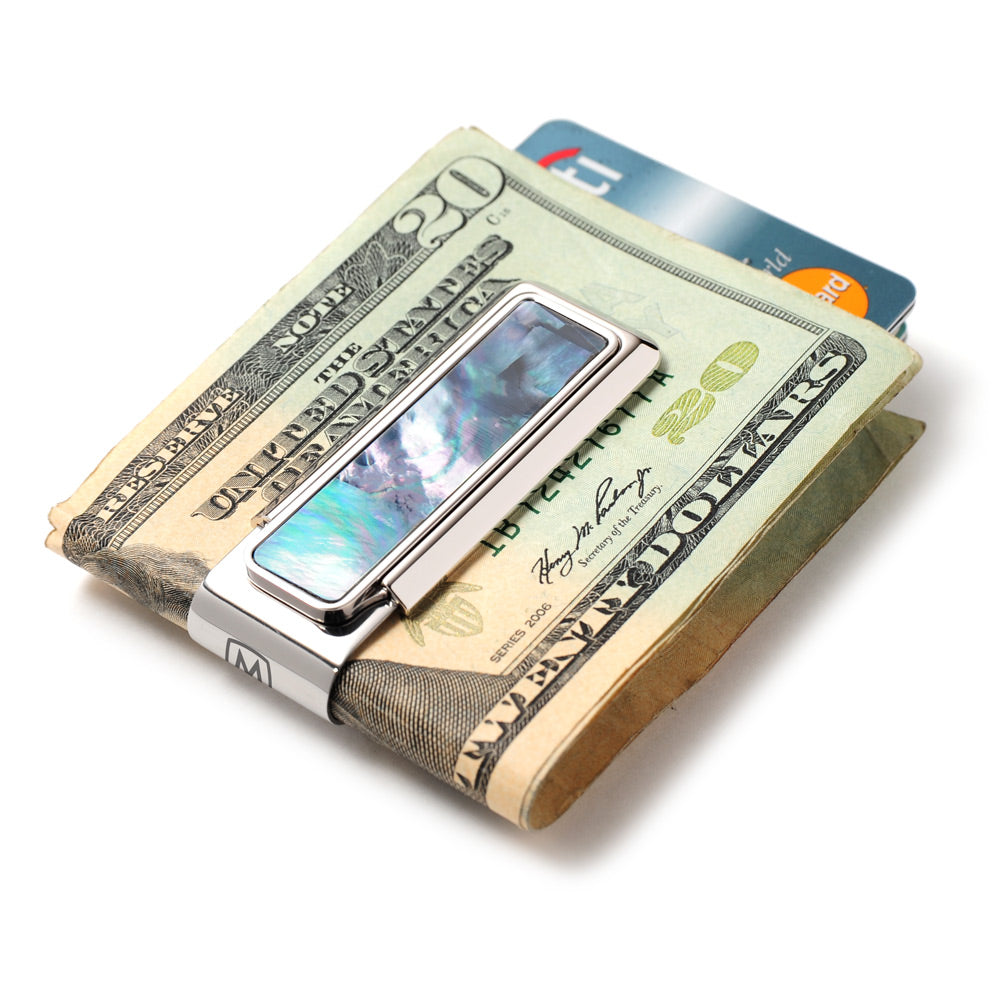 Gray mother of pearl money clip texture detail