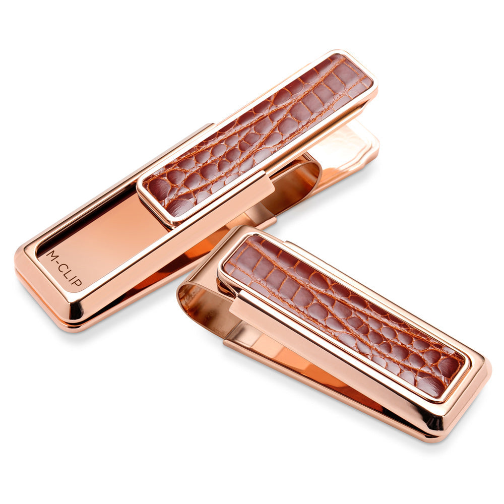Rose gold money clip with cognac alligator skin, a polished wallet alternative
