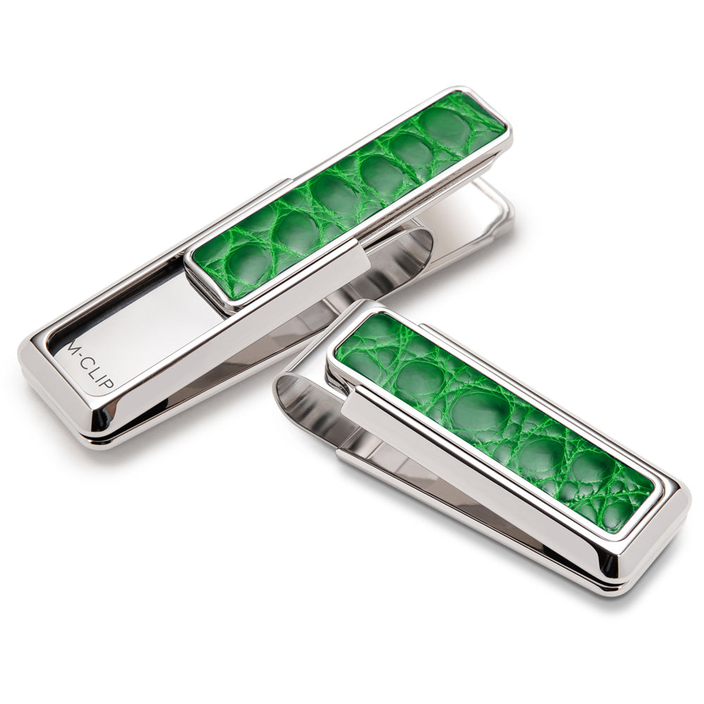 Rhodium money clip with dark green alligator skin, a bold wallet alternative