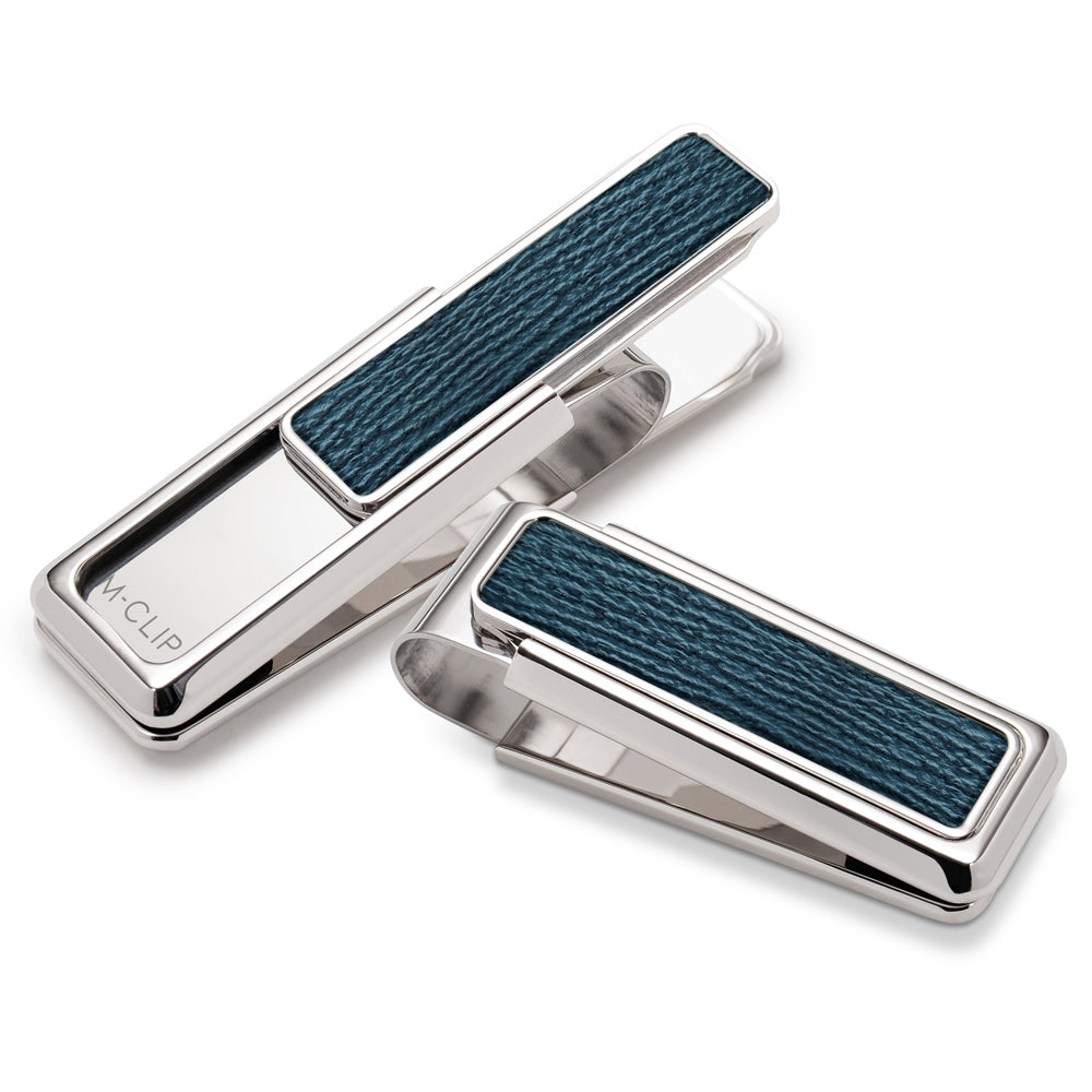 Rhodium money clip with dark blue shark skin inlay, a modern wallet alternative