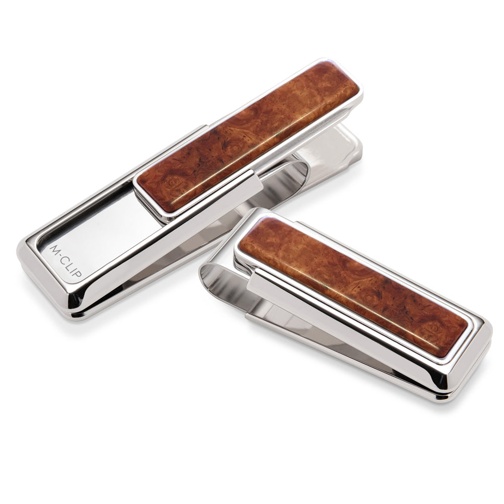 Rhodium money clip with Amboyna burl wood inlay, a one-of-a-kind wallet alternative