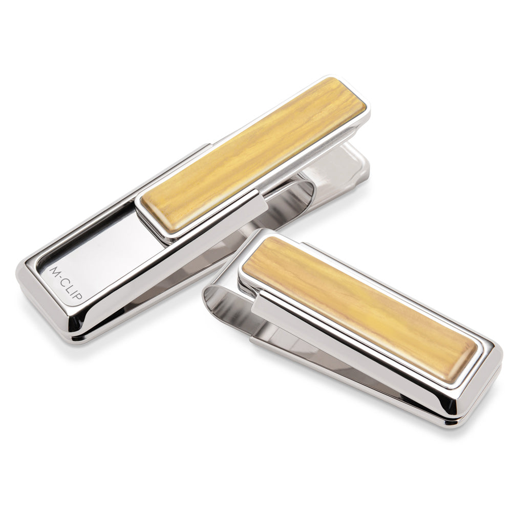 Rhodium money clip with bamboo wood inlay, a one-of-a-kind wallet alternative