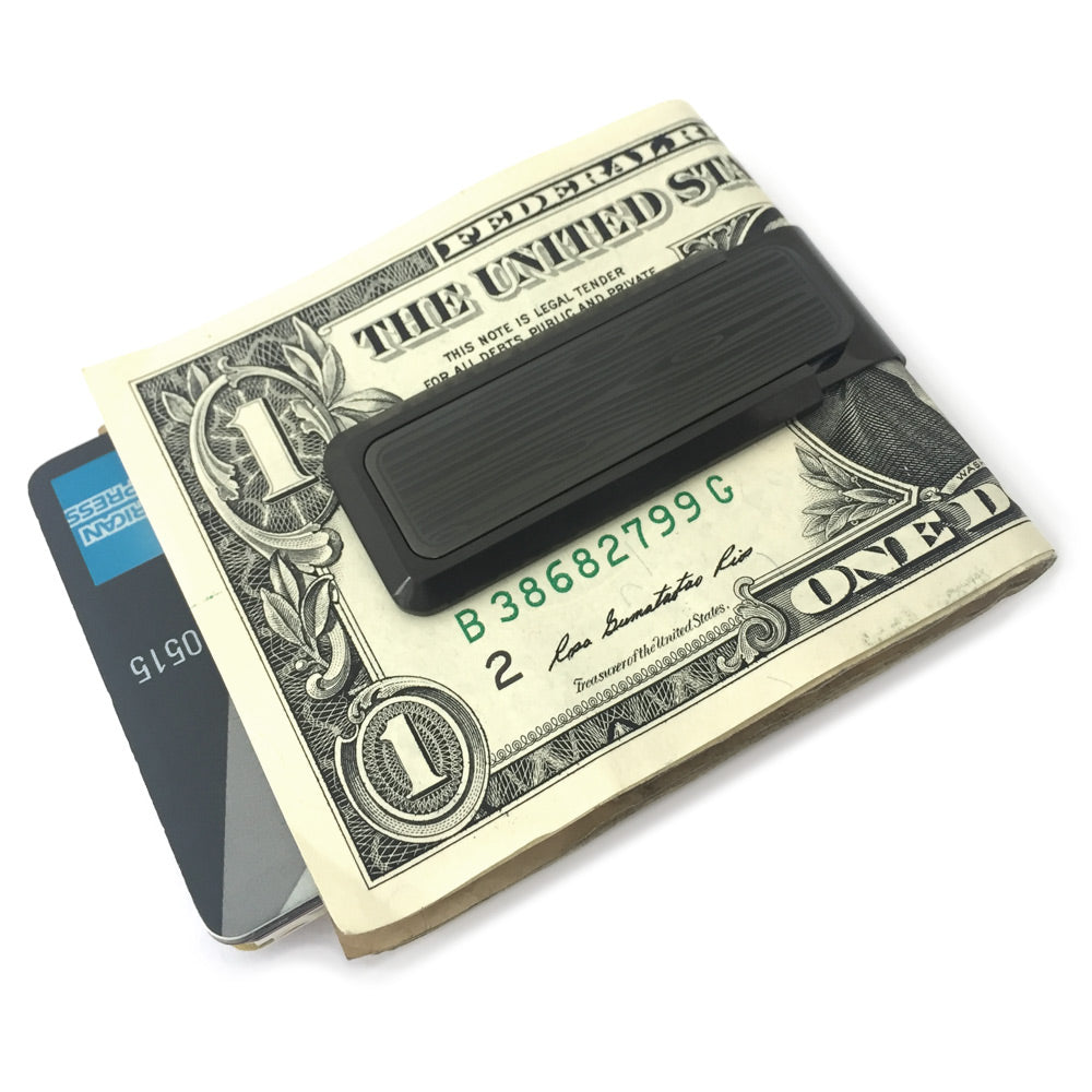 Blackout wood grain money clip texture detail